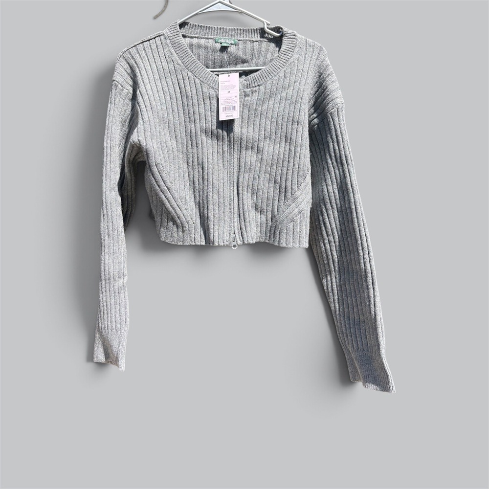 Wild Fable Women Medium Dark Gray Cropped Ribbed Full Zip Cardigan Sweater NEW